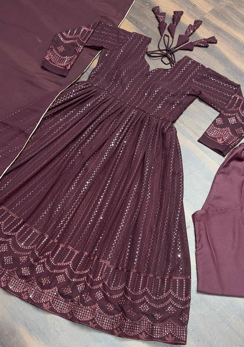 Wine Embroidered Georgette Salwar Kameez With Dupatta