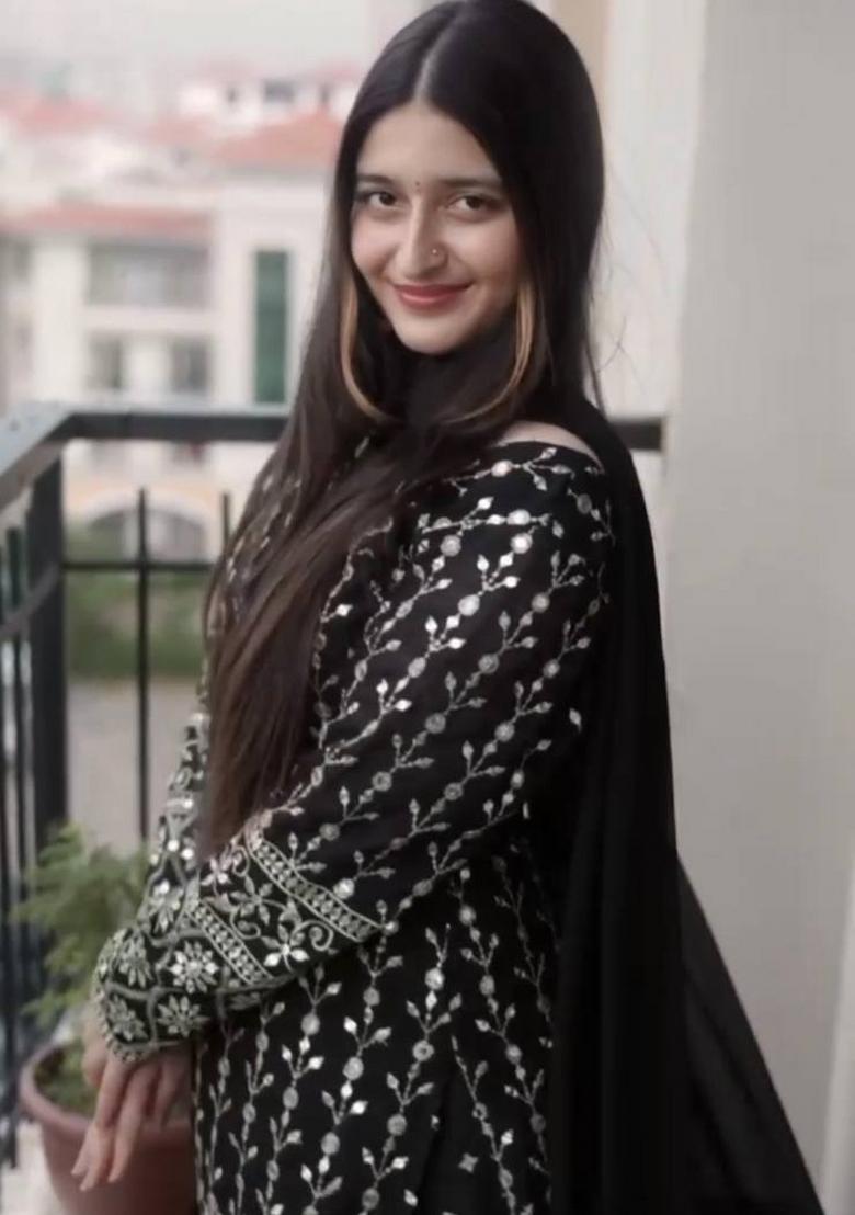 Black Embroidered Faux Georgette Salwar Kameez With Dupatta