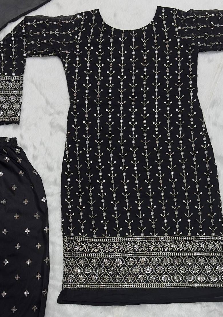 Black Embroidered Faux Georgette Salwar Kameez With Dupatta
