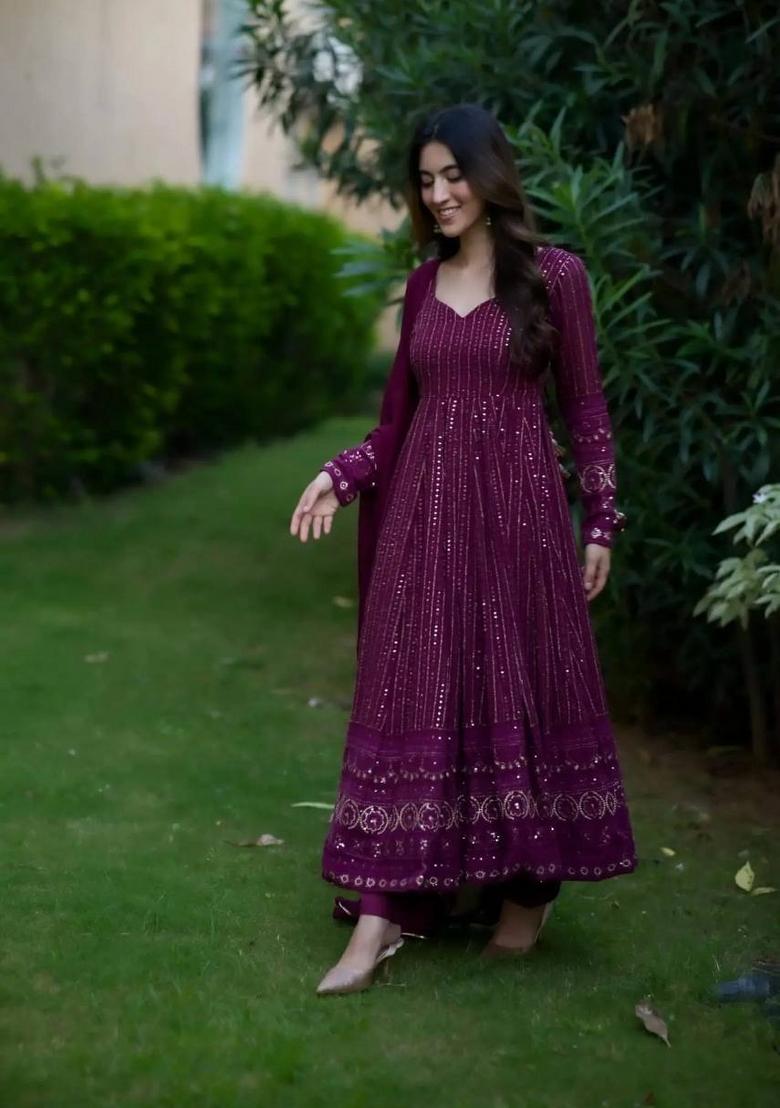 Wine Embroidered Faux Georgette Salwar Kameez With Dupatta