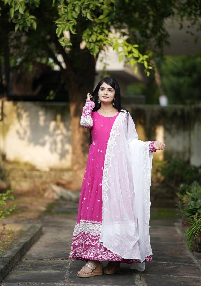 Pink Embroidered Faux Georgette Salwar Kameez With Dupatta