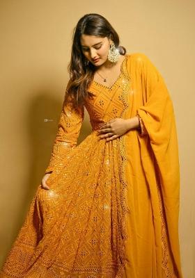 Mustard Yellow Embroidered Faux Georgette Salwar Kameez With Dupatta