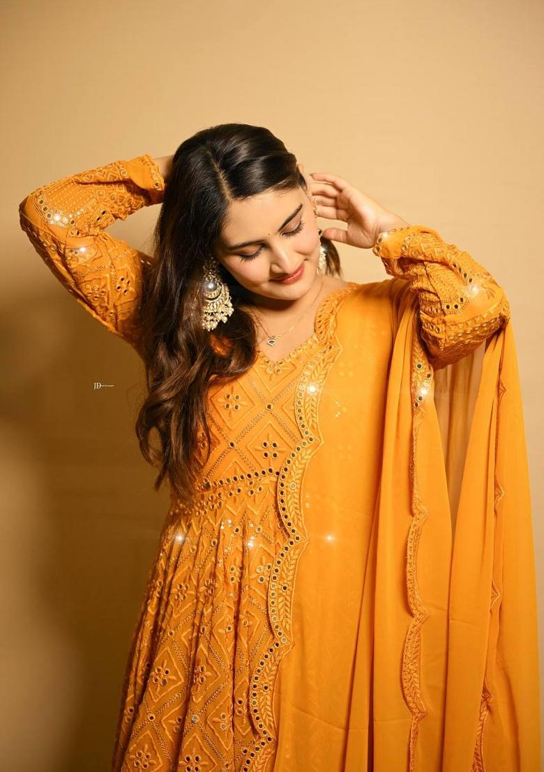 Mustard Yellow Embroidered Faux Georgette Salwar Kameez With Dupatta