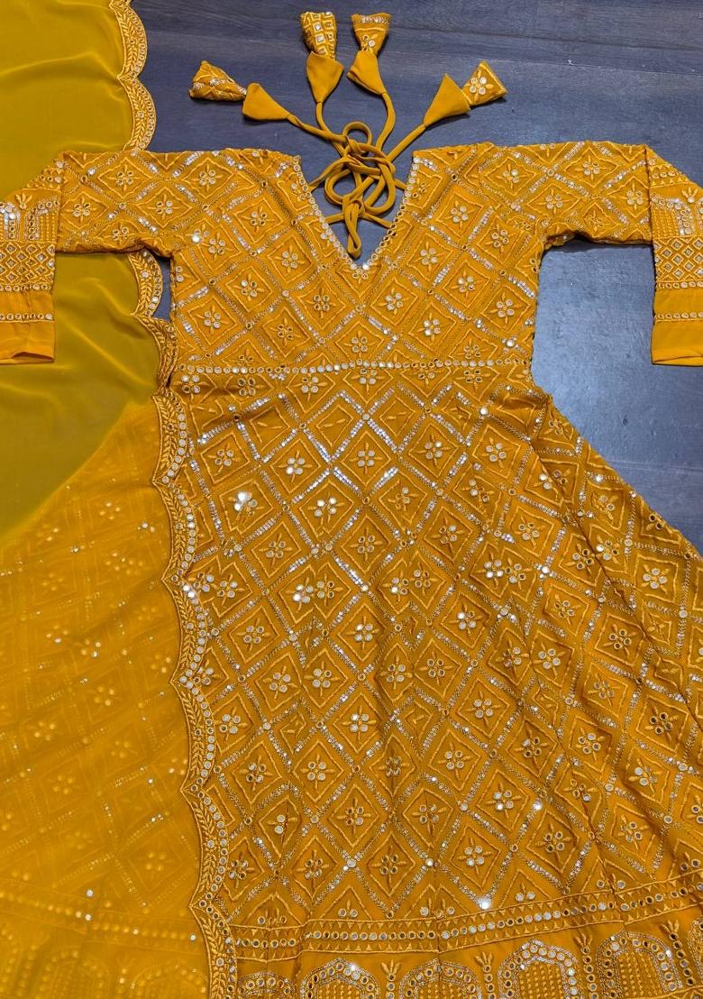 Mustard Yellow Embroidered Faux Georgette Salwar Kameez With Dupatta