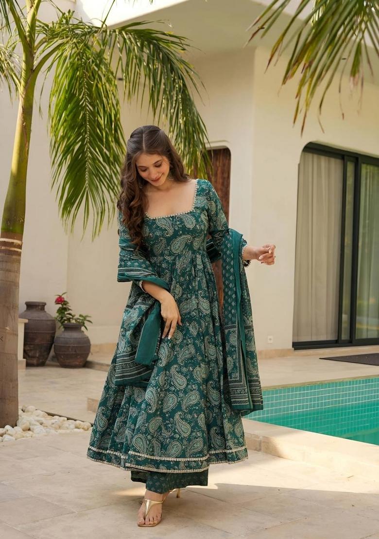 Green Digital Print Muslin Salwar Kameez With Dupatta