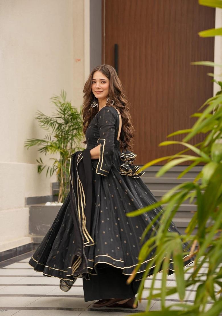 Black Embroidered Faux Georgette Salwar Kameez With Dupatta