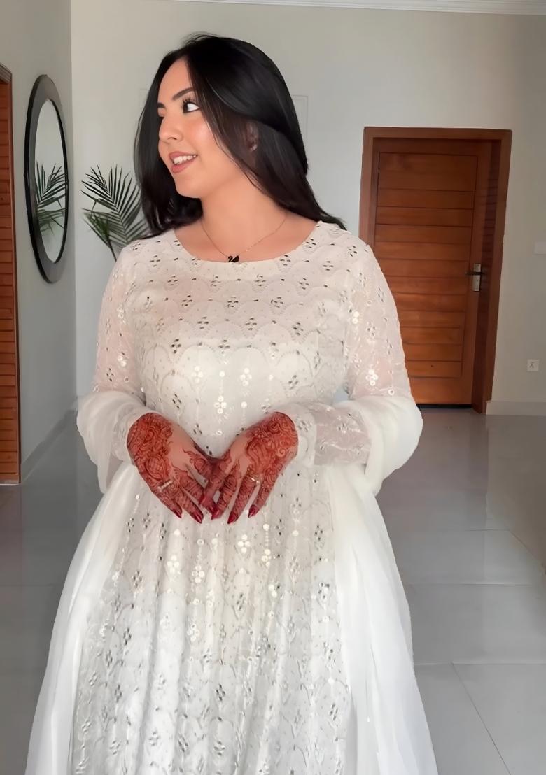 White Embroidered Faux Georgette Salwar Kameez With Dupatta