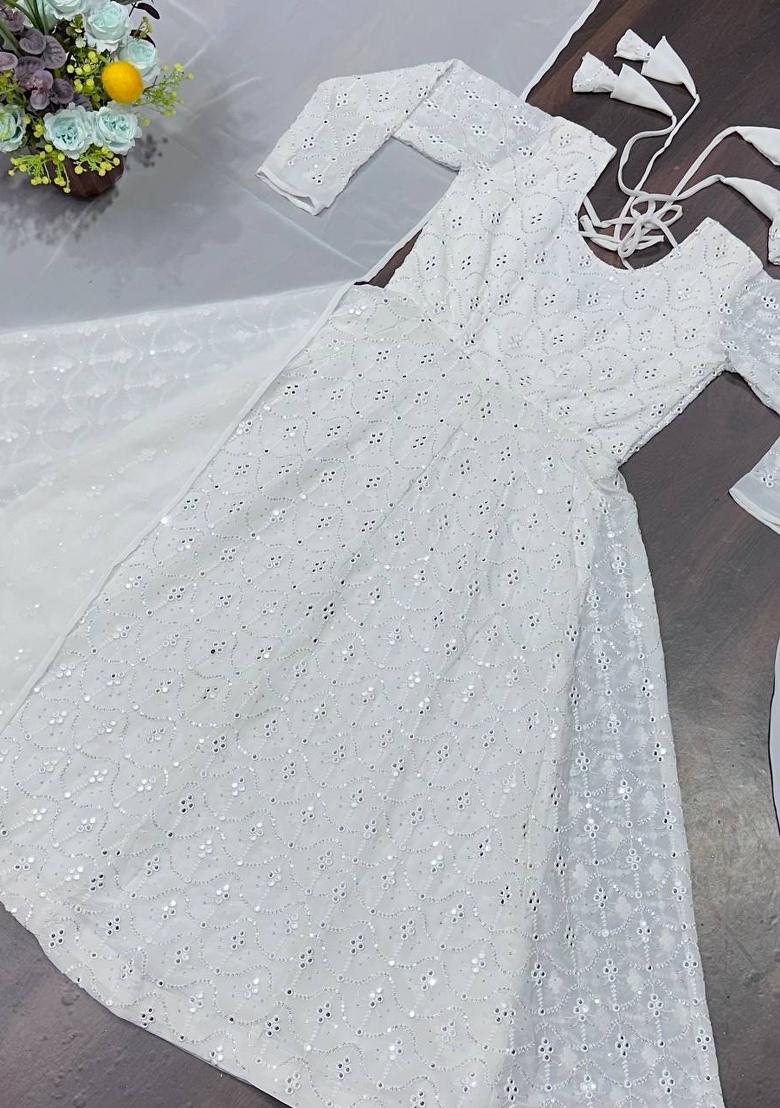 White Embroidered Faux Georgette Salwar Kameez With Dupatta