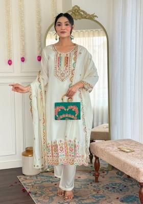 Petrol Blue Embroidered Viscose Salwar Kameez With Dupatta