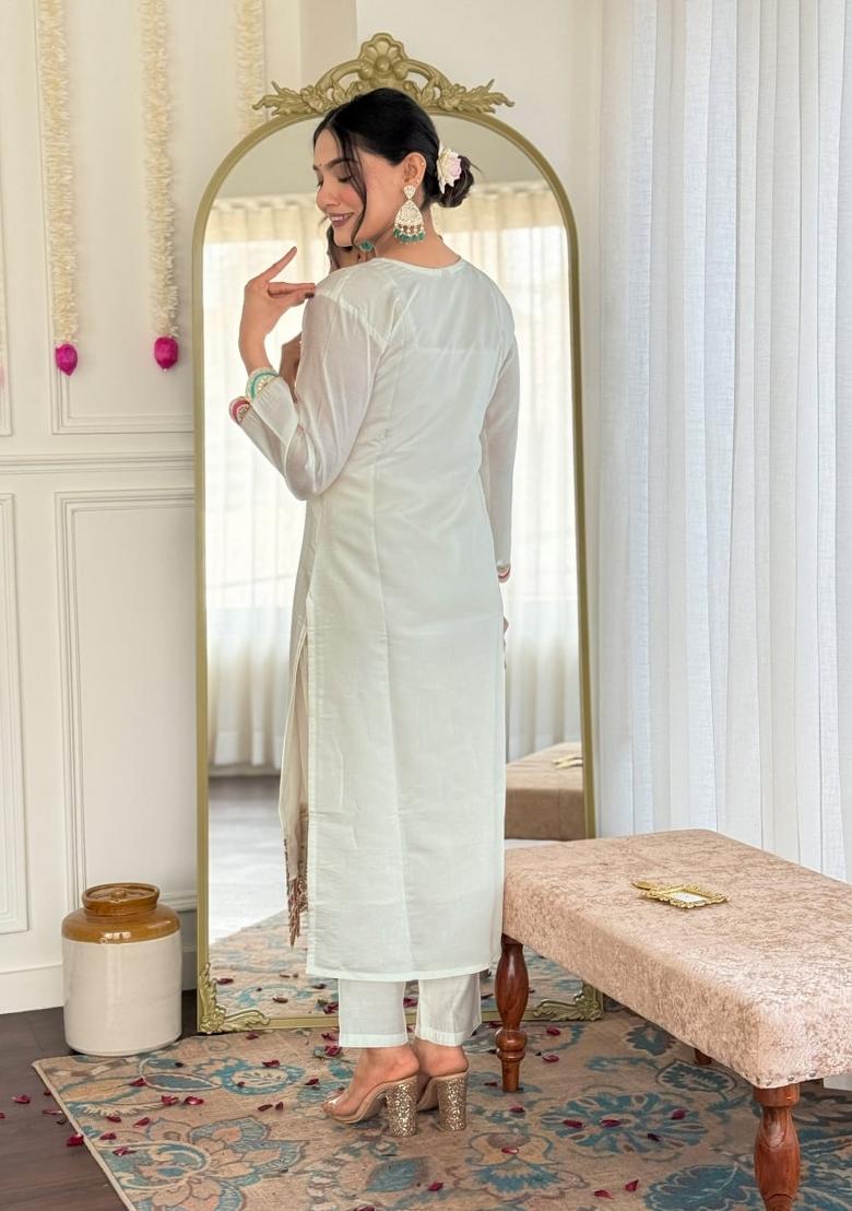 Petrol Blue Embroidered Viscose Salwar Kameez With Dupatta