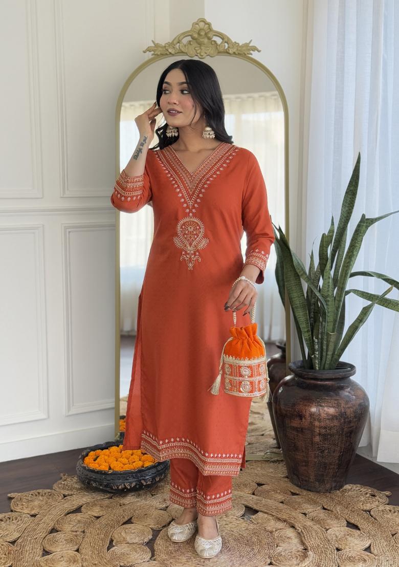 Wine Embroidered Viscose Salwar Kameez With Dupatta