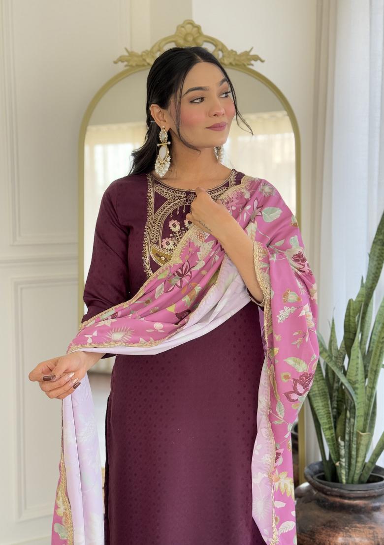 Blue Embroidered Silk Salwar Kameez With Dupatta