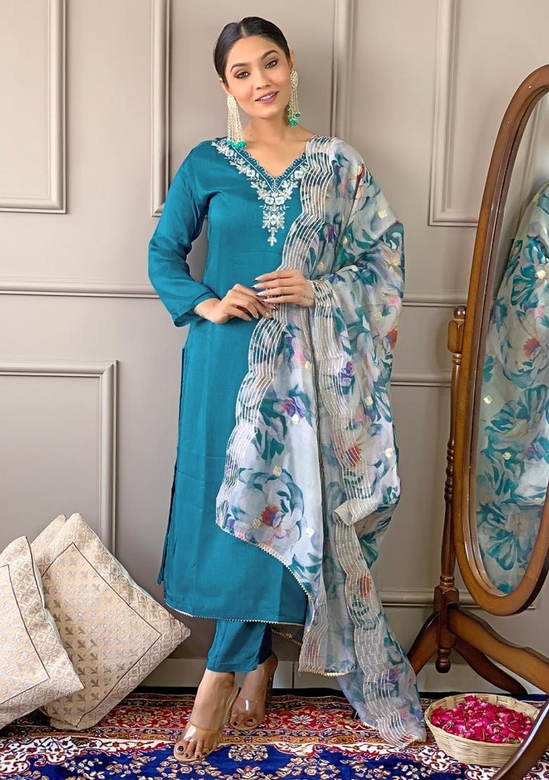 Teal Blue Embroidered Viscose Salwar Kameez With Dupatta