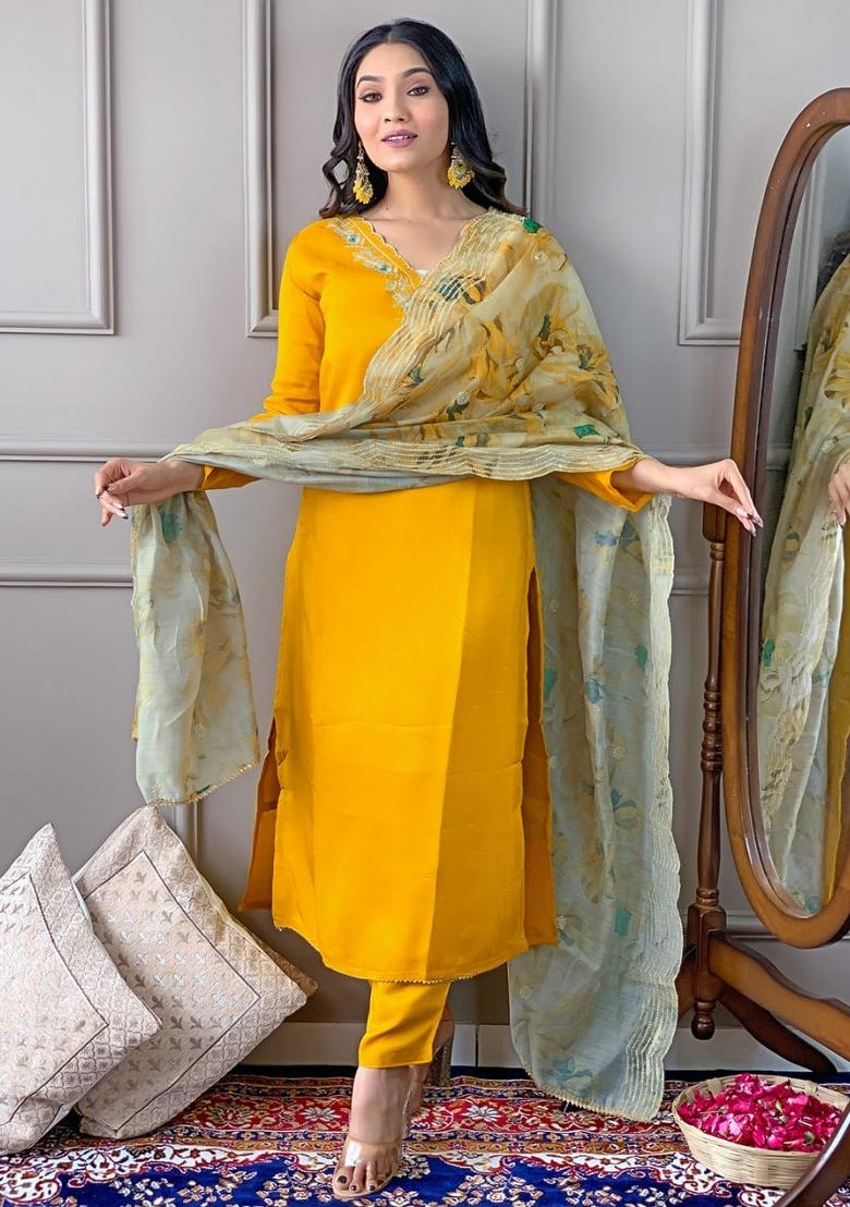 Brown Embroidered Cotton Blend Salwar Kameez With Dupatta