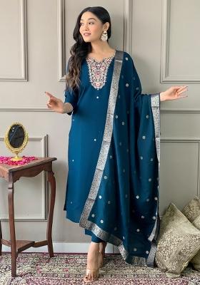 Beige Embroidered Rayon Salwar Kameez With Dupatta