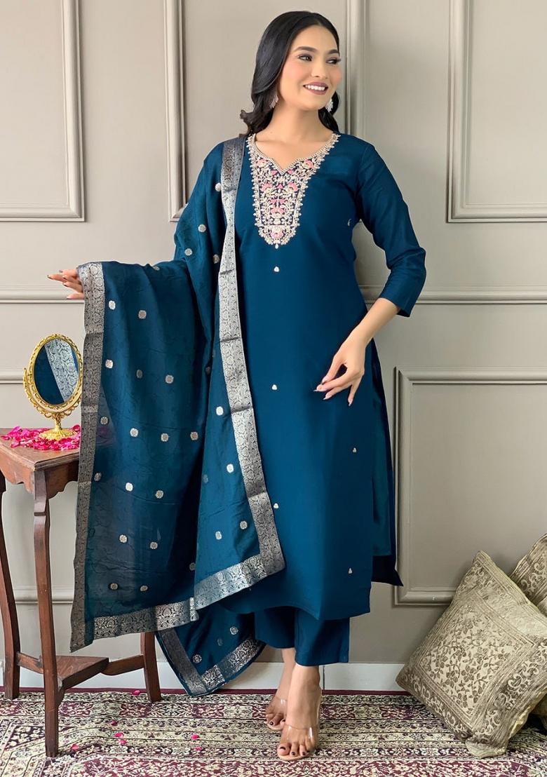 Beige Embroidered Rayon Salwar Kameez With Dupatta