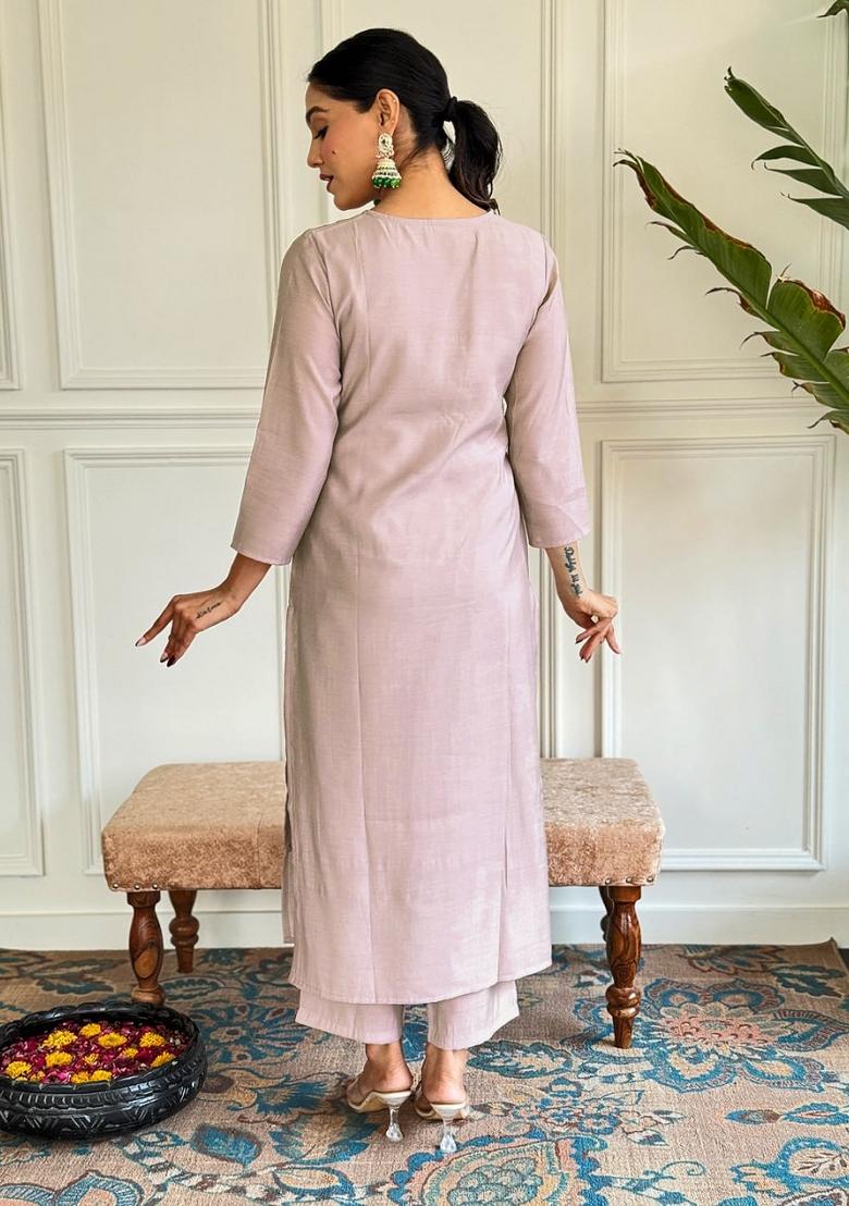 Lavender Embroidered Silk Salwar Kameez With Dupatta