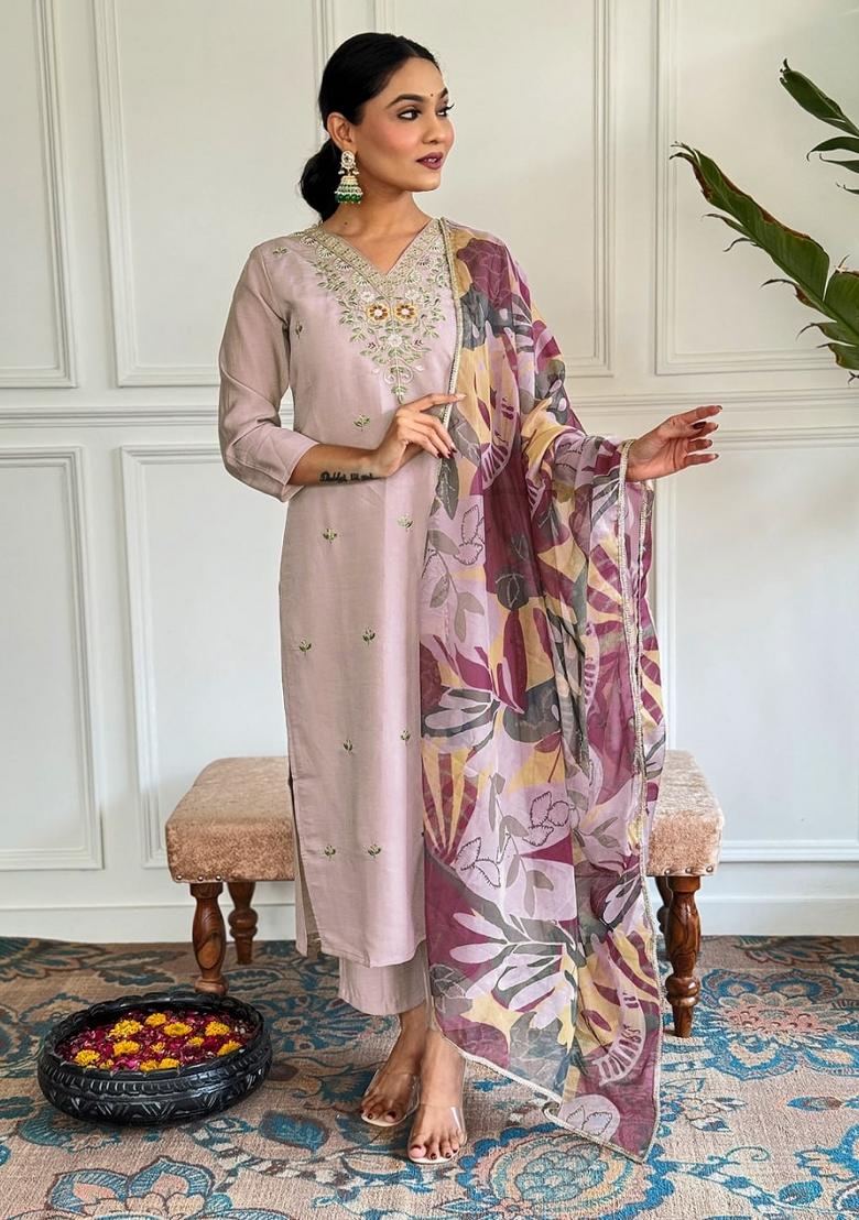 Lavender Embroidered Silk Salwar Kameez With Dupatta