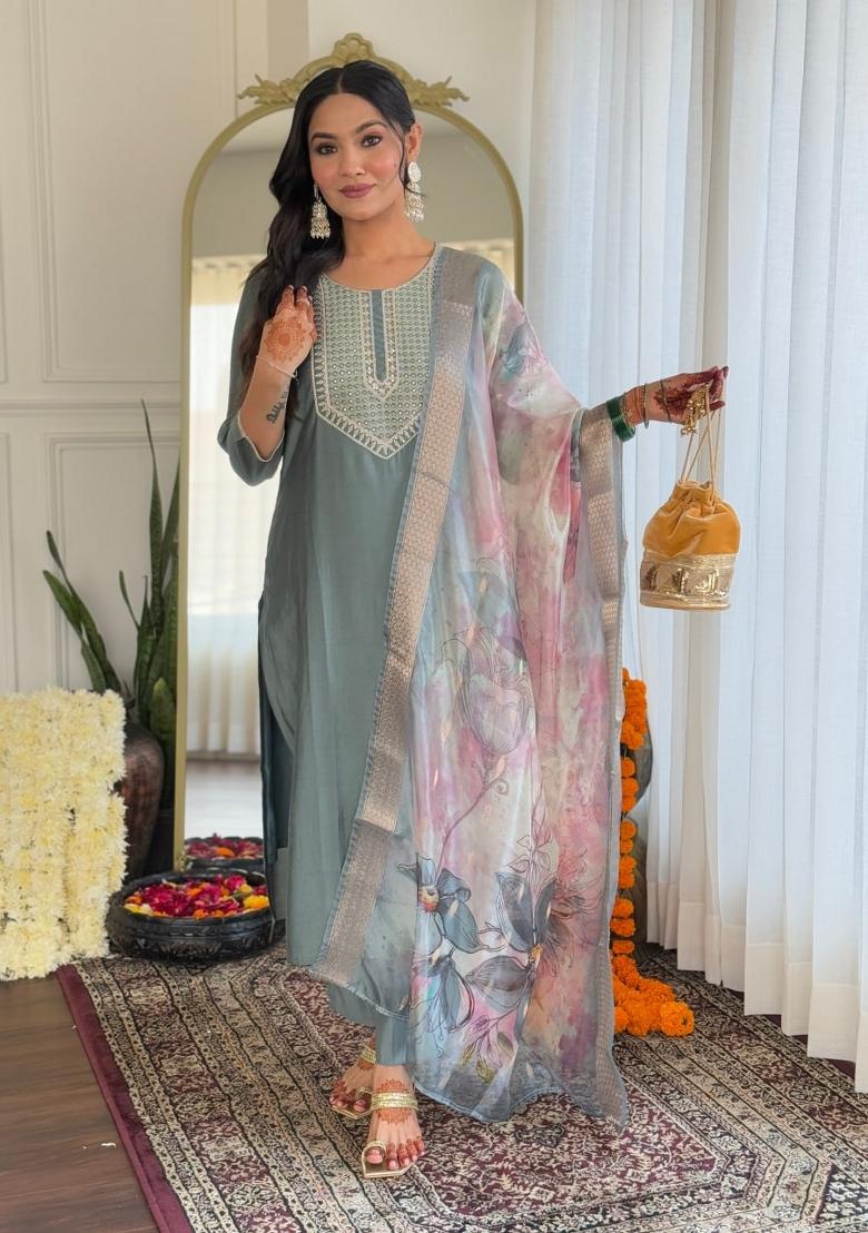 Brown Floral Print Tissue Salwar Kameez With Dupatta