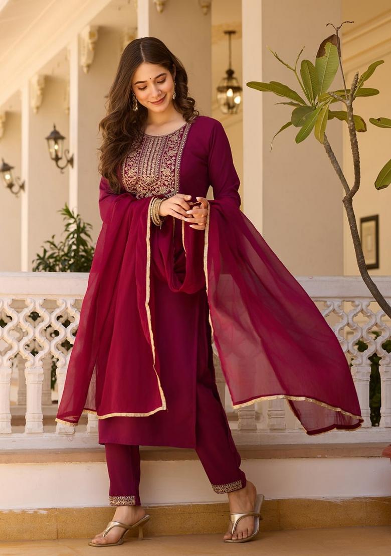 Purple Embroidered Rayon Salwar Kameez With Dupatta