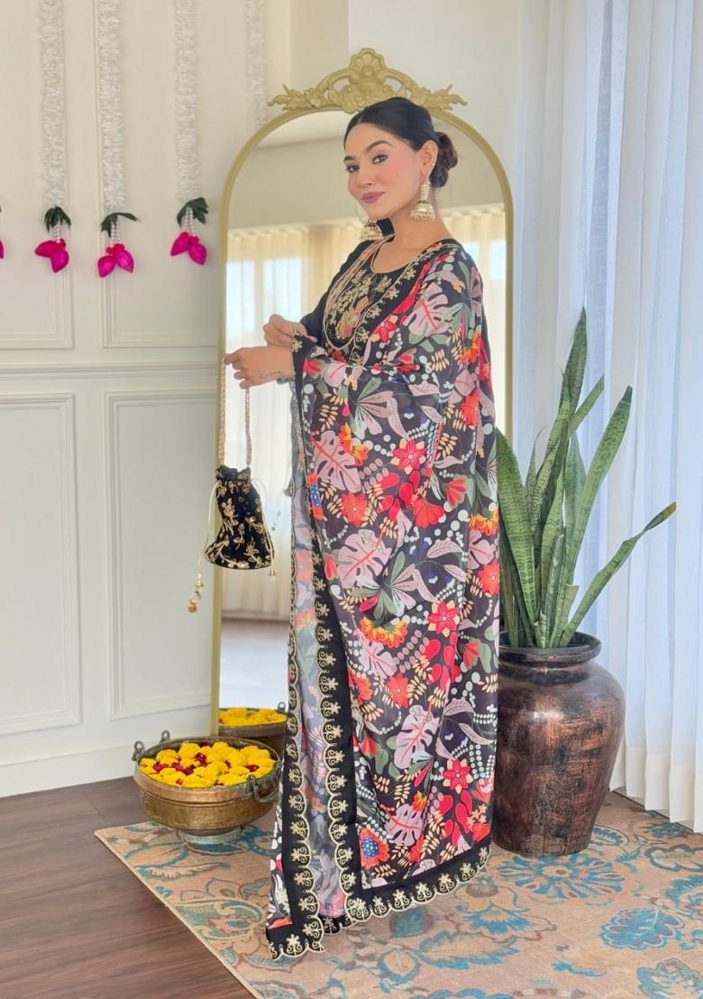 Red Embroidered Cotton Blend Salwar Kameez With Dupatta