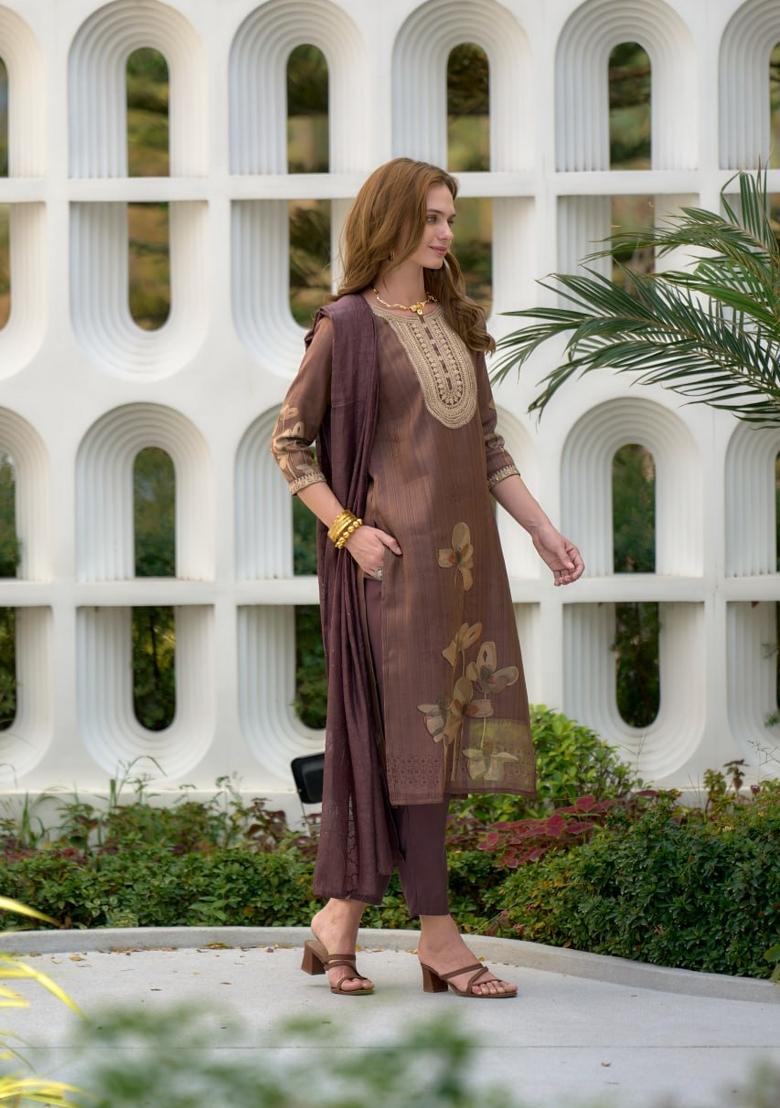 Wine Sequin Work Chinon Salwar Kameez With Dupatta