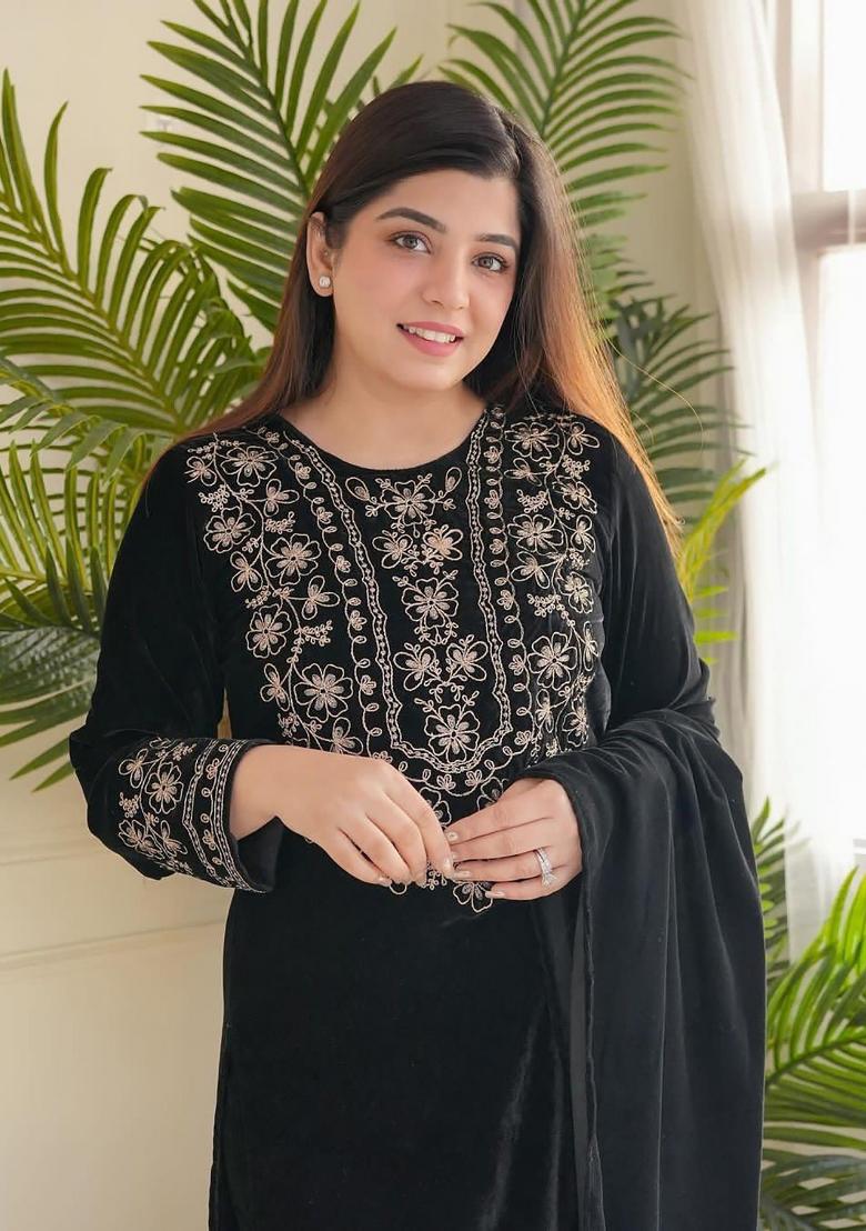 Lime Green Embroidered Cotton Blend Salwar Kameez With Dupatta