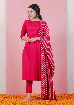 Purple Solid Cotton Blend Salwar Kameez With Dupatta