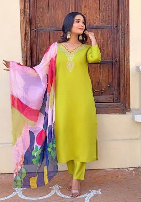 Pista Green Embroidered Silk Salwar Kameez With Dupatta