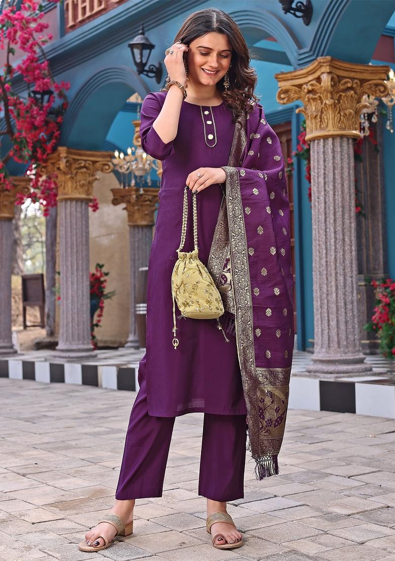 Sky Blue Solid Silk Salwar Kameez With Dupatta