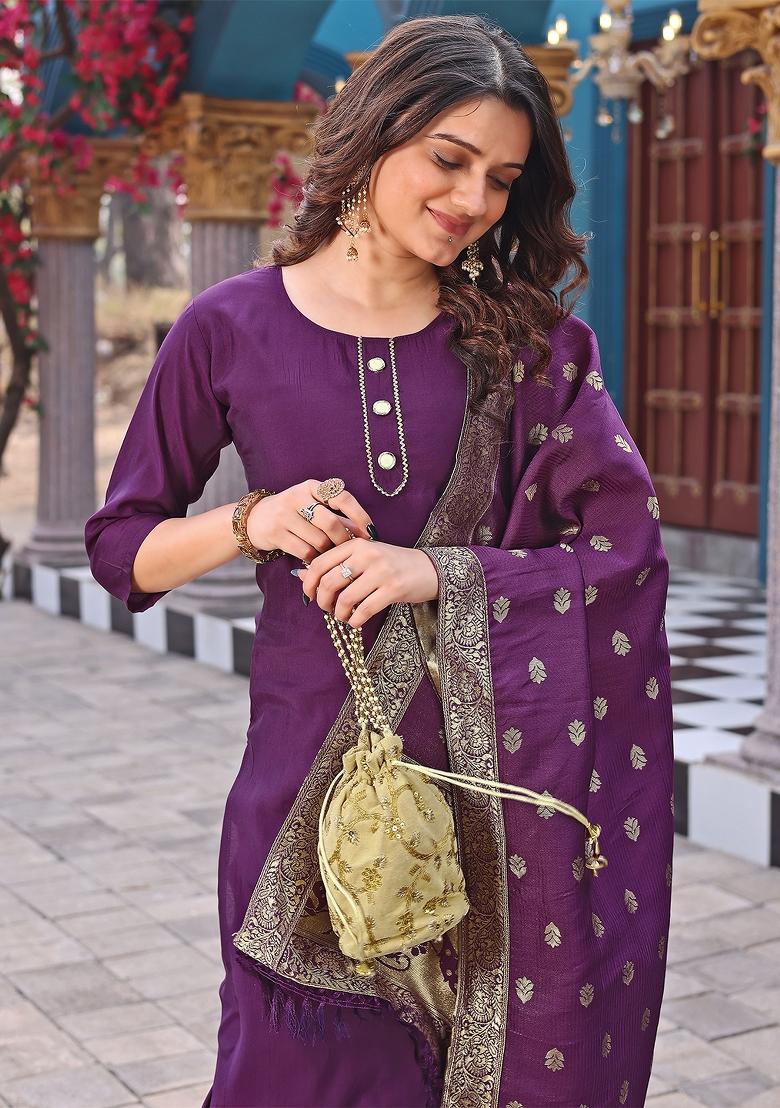 Sky Blue Solid Silk Salwar Kameez With Dupatta