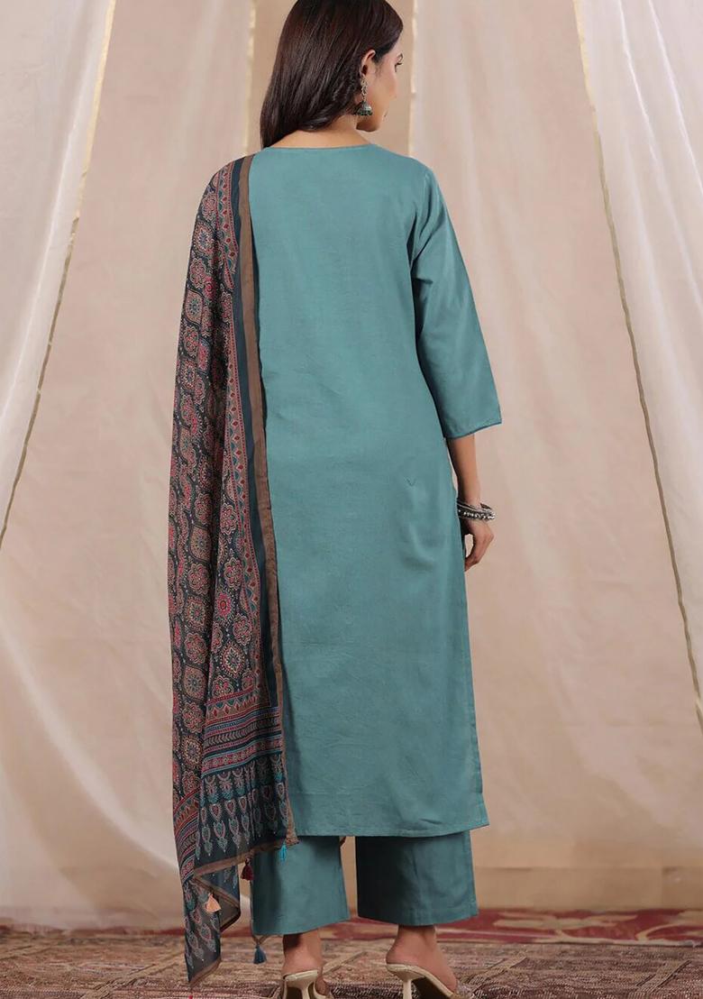 Sky Blue Solid Silk Salwar Kameez