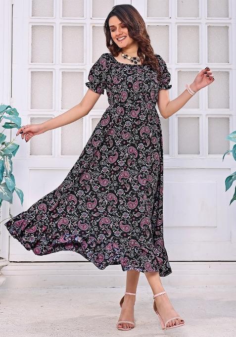 Black Printed Crepe Dress