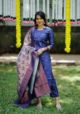Blue Woven Jacquard Salwar Kameez With Dupatta
