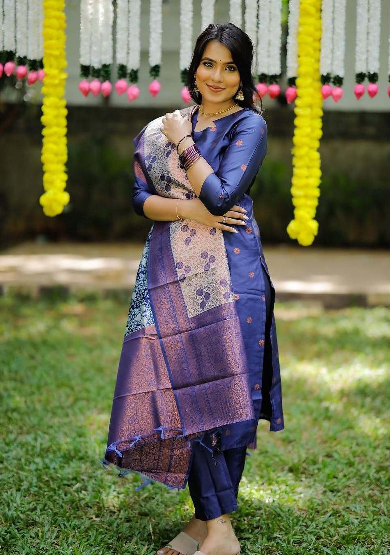 Blue Woven Jacquard Salwar Kameez With Dupatta