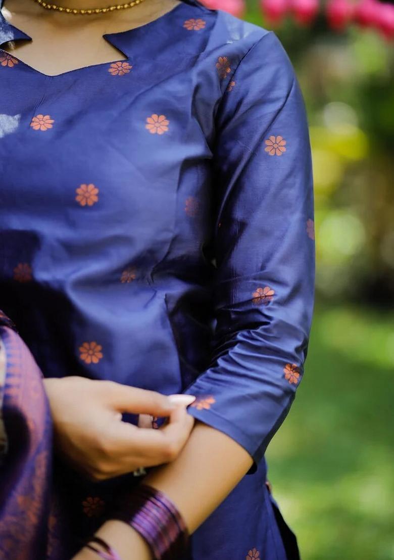 Blue Woven Jacquard Salwar Kameez With Dupatta