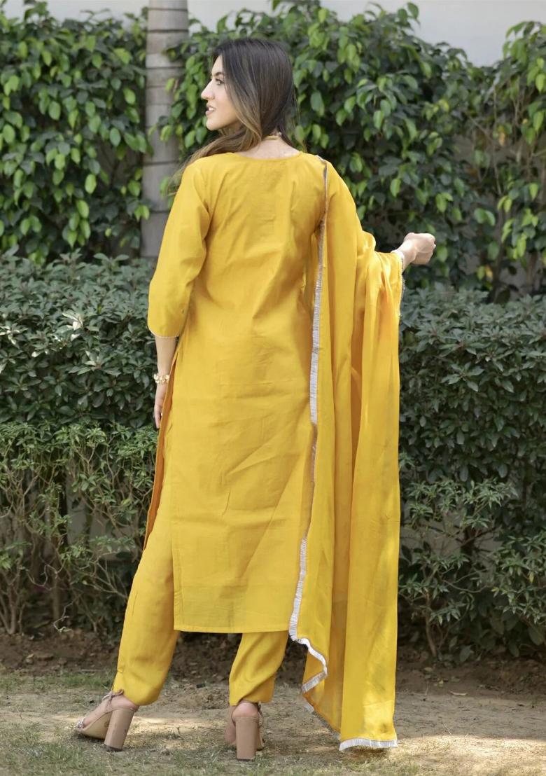 Yellow Embroidered Cotton Blend Salwar Kameez With Dupatta