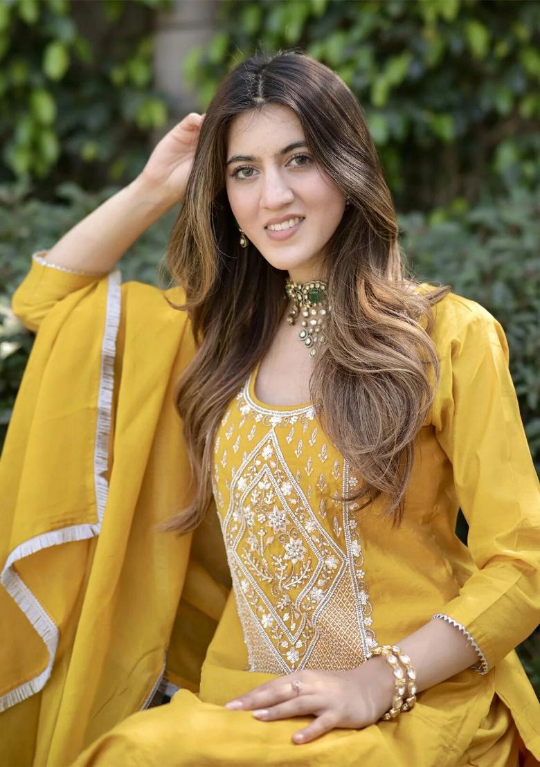 Yellow Embroidered Cotton Blend Salwar Kameez With Dupatta