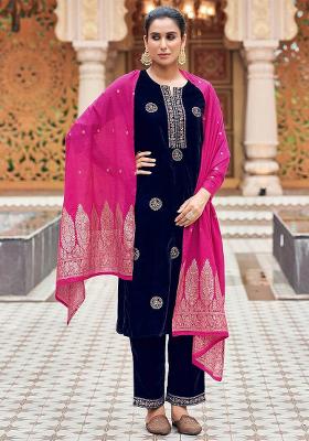 Navy Blue Embroidered Velvet Salwar Kameez With Dupatta