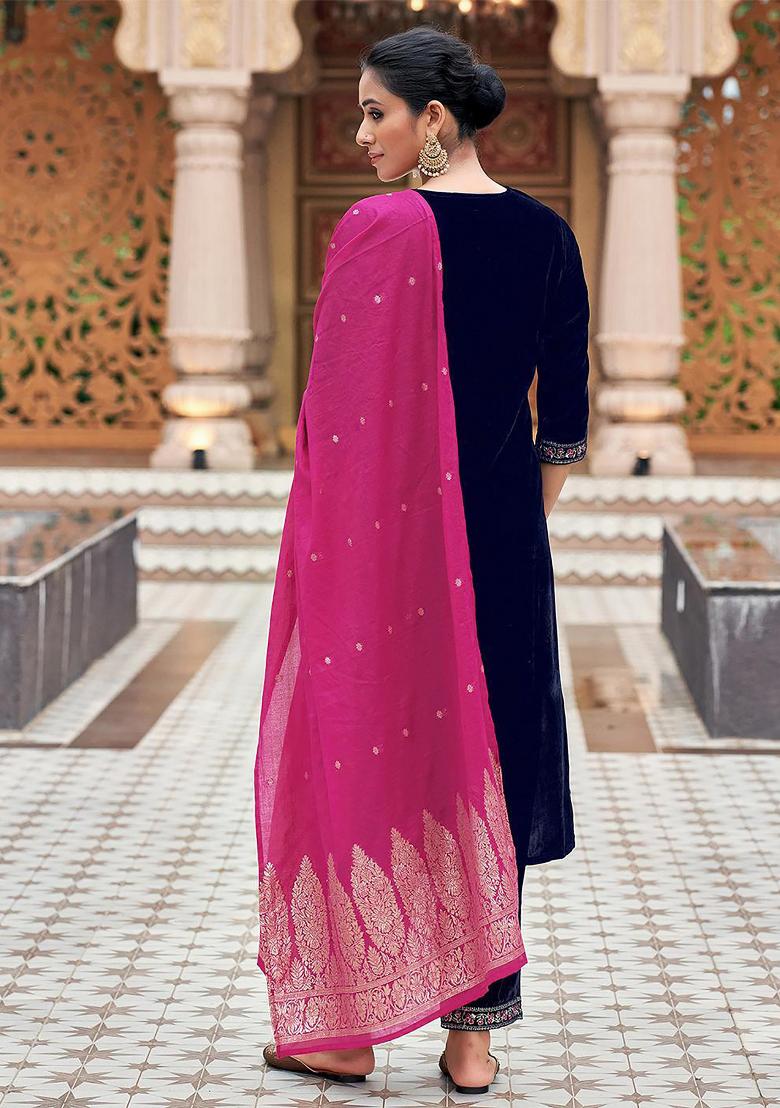 Navy Blue Embroidered Velvet Salwar Kameez With Dupatta