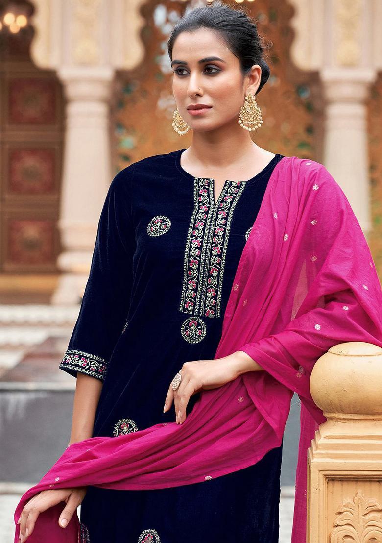 Navy Blue Embroidered Velvet Salwar Kameez With Dupatta