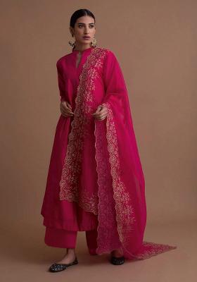 Pink Embroidered Cotton Blend Salwar Kameez With Dupatta