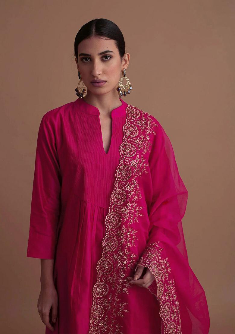 Pink Embroidered Cotton Blend Salwar Kameez With Dupatta