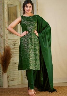 Green Woven Silk Salwar Kameez With Dupatta