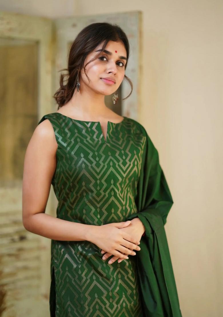 Green Woven Silk Salwar Kameez With Dupatta