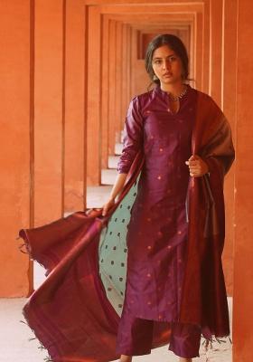 Purple Woven Jacquard Salwar Kameez With Dupatta