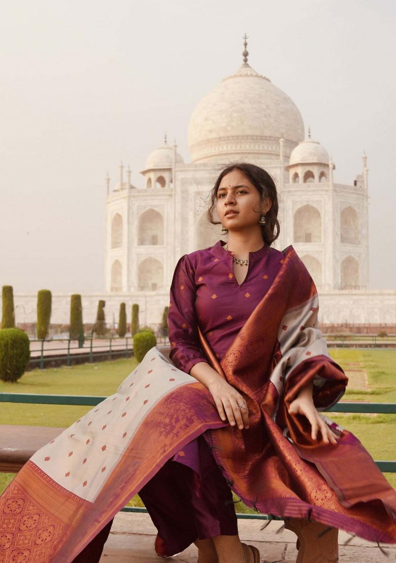Purple Woven Jacquard Salwar Kameez With Dupatta