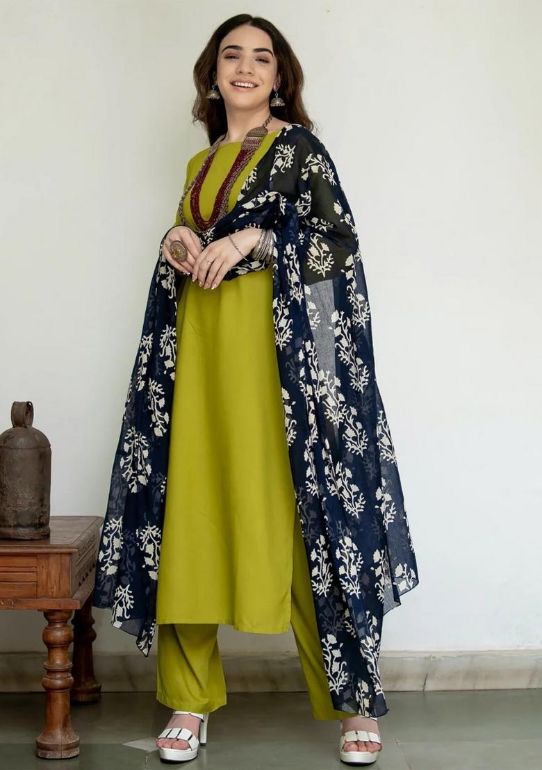 Light Green Solid Cotton Blend Salwar Kameez With Dupatta