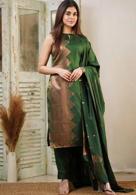 Green Solid Silk Salwar Kameez With Dupatta