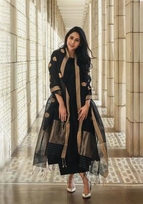 Black Solid Silk Salwar Kameez With Dupatta